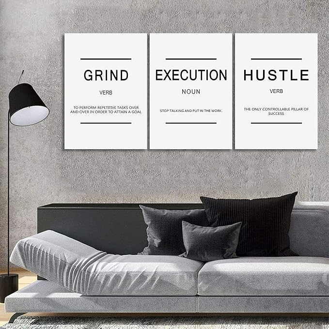 Framed Canvas Wall Art Success Quote - Office Wall Art, White Large Poster, Positive Motivational Set of 3 Prints, Execute Grand Hustle Poster, Inspirational Print (C-3pcs,20x30inchx3pcs)-FlexoryFit