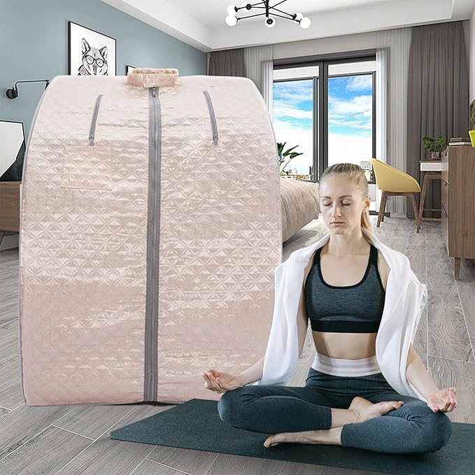 Smartmak Far Infrared Sauna, Full Body One Person Portable SPA Set with Time & Tempreture Remote Control, Heating Foot Pad and Foldable Reinforced Chair (L 27.6โโ x W 31.5โโ x H 37.8โโ)- Pearl Pink