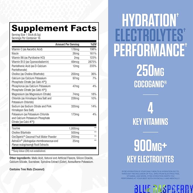 RYSE Hydration Electrolyte Powder Drink Mix Packets - Blue Raspberry - Sugar-Free Full Spectrum Electrolytes with Essential Vitamins, Taurine and Choline for Rehydration - 16 Serving Sticks