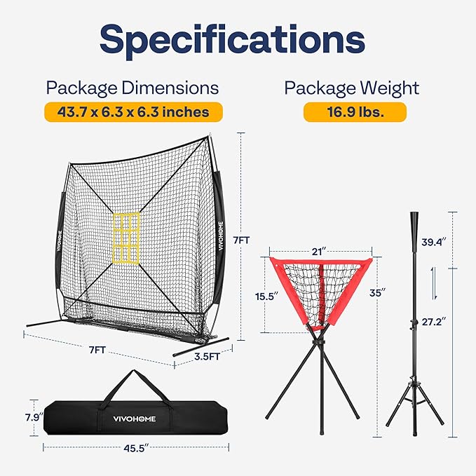 VIVOHOME Baseball Softball Hitting Net with Large Ball Collection System, 7 x 7 ft Baseball Batting Pitching Net with Tee, 2 Strike Zone, Carry Bag