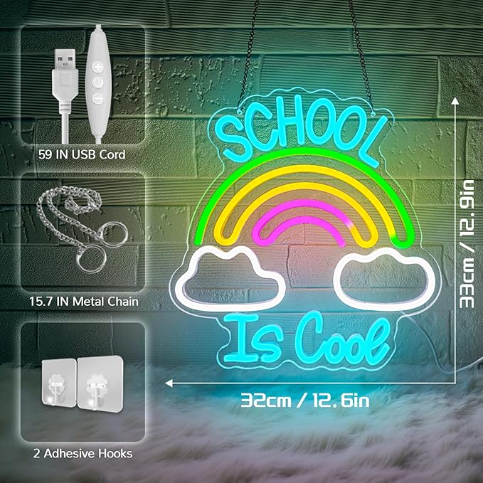School is Cool Neon Sign,Classroom Neon Sign,Reading Rainbow Sign,USB Powered with Dimmable Switch,Neon Light Sign,Neon Signs for Wall Decor for Classroom,School Led Sign