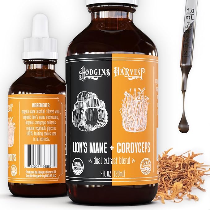 Hodgins Harvest Organic Lion’s Mane + Cordyceps Tincture | Made with Mushrooms Grown On Our Farm in The USA | Dual Extract | Extra-Concentrated (4 fl oz)-FlexoryFit