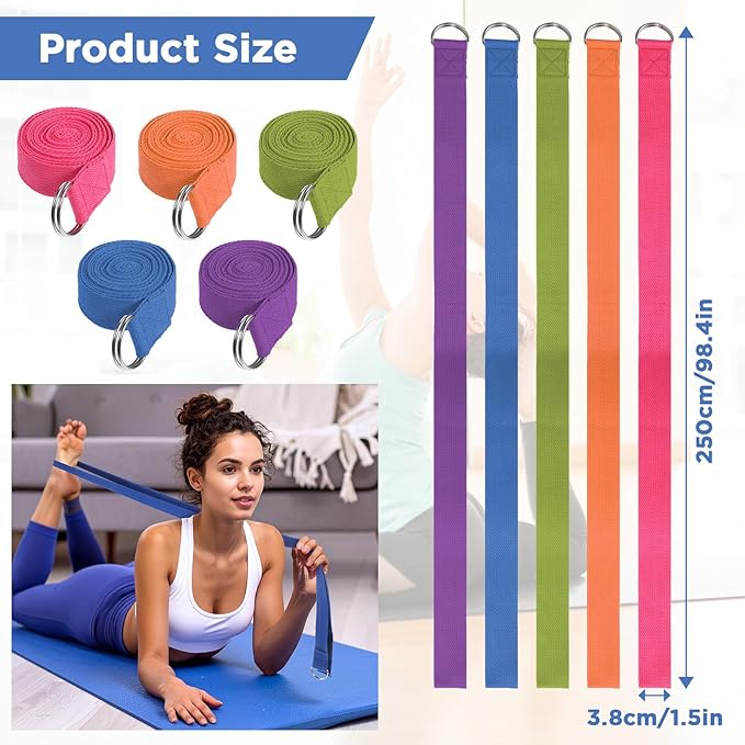 10 Pcs Yoga Strap 8ft Yoga Stretching Exercise Band Stretching Belt with Adjustable Metal D Ring Buckle Loop for Pilates, Dance, Physical Therapy, Gym Workout-FlexoryFit