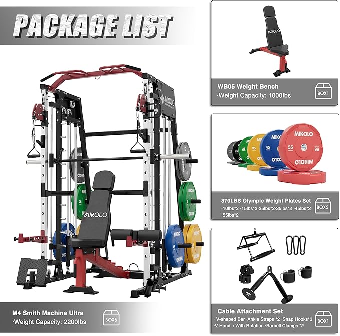 Mikolo Smith Machine, 2200lbs Squat Rack with LAT-Pull Down System & Cable Crossover Machine, Training Equipment with Leg Hold-Down Attachment-FlexoryFit