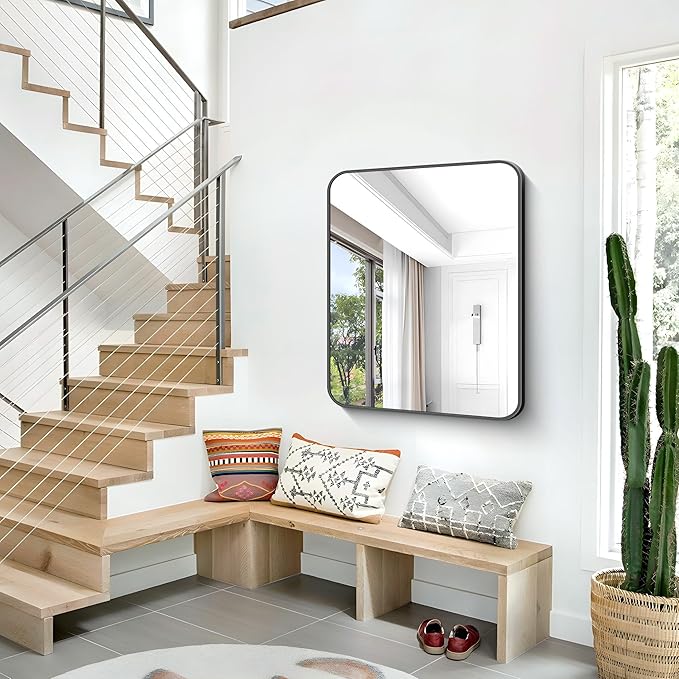 30x36 inch Bathroom Mirror,Black Rectangle Mirror,Wall Mounted Bathroom Frame Vanity Mirror with Round Corner for Bedroom Living Room, Entryway Hangs Horizontal or Vertical-FlexoryFit