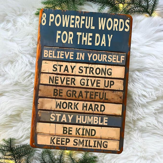 Motivational Metal Tin Sign - 8 Powerful Words for The Day Posters - Inspirational Wall Art Positive Quotes for Home Gym Office Classroom Decor Durable Rustic Wall Decor for Teens Adults 8x12 Inch-FlexoryFit