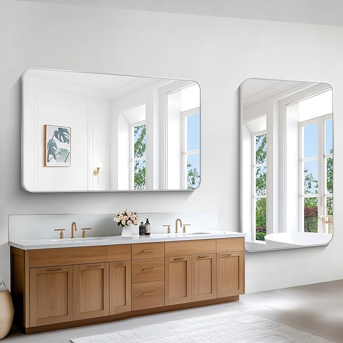 Silver Bathroom Mirror,60x36 inch Wall Mirror for Bathroom Wall Mounted,Rectangle Mirror for Bathroom Over Sink,Modern Frame Round Corner for Living Room,Bedroom Entryway,Horizontal/Vertical-FlexoryFit