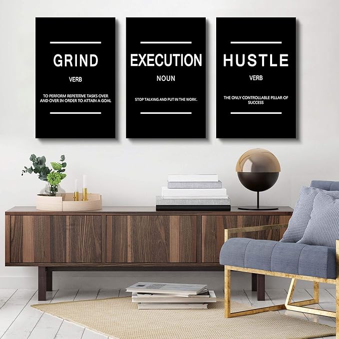 Framed Canvas Wall Art Success Quote, Office Wall Art, Black Large Poster, Positive Motivational Set of 3 Prints, Execute Failure Definition, Inspirational Print (B-3pcs,24x36inchx3pcs)-FlexoryFit