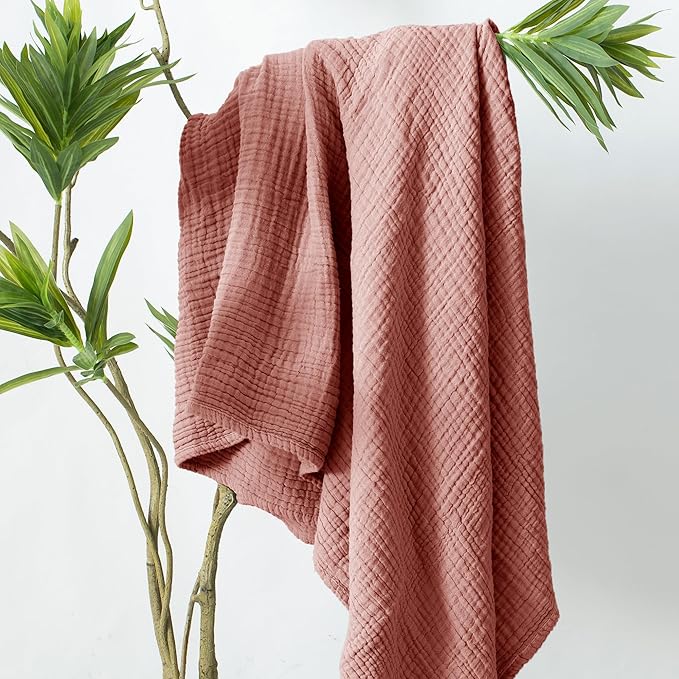 Carriediosa 100% Cotton Muslin Throw Blanket 70" X 80" Twin Size,4-Layers Summer Gauze Throws for Bed Couch,Soft Lightweight Breathable Linen Blankets Bedspread for Adults All Season,Mauve