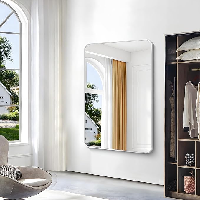 Silver Bathroom Mirror,55x36 inch Wall Mirror for Bathroom Wall Mounted,Rectangle Mirror for Bathroom Over Sink,Modern Frame Round Corner for Living Room,Bedroom Entryway,Horizontal/Vertical