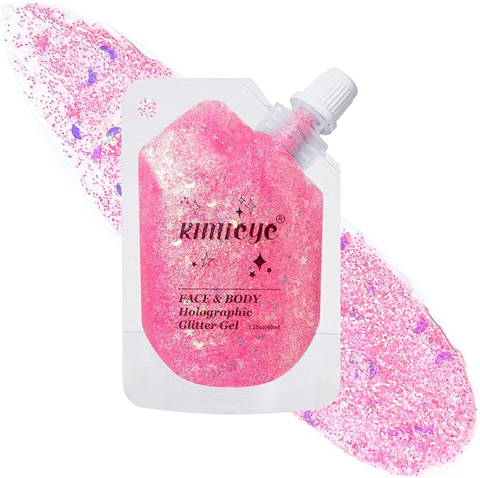 Holographic Face Glitter Gel Body Shimmer Makeup for for Hair, Face, Clavicle, Arm, Nail, Eyeshadow, Long Lasting Waterproof Mermaid Sequins Party Glitter for Rave Festival, 1.35oz (Dazzling Pink #2)-FlexoryFit