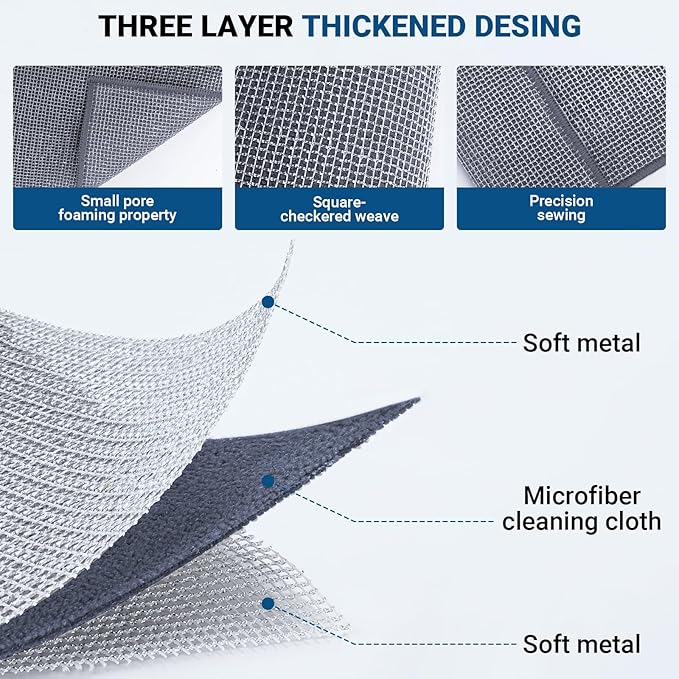 10 Pcs New Upgrade 3-Layer Non Scratch Wire Dishcloth,Wire Dishwashing Rag, Non-Scratch Wire Dishwashing Rags for Wet and Dry, Kitchen Cleaning Dish Rags for Cookware,Sinks, Dishes, Stove-FlexoryFit