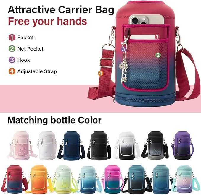 Insulated Water Bottle | Thickened Stainless Steel Vacuum Metal | Portable Sports Half Gallon Large Water Jug for Gym and Hiking with Straw, Carrier Bag, Handle Strap | BPA-Free 64 oz-FlexoryFit