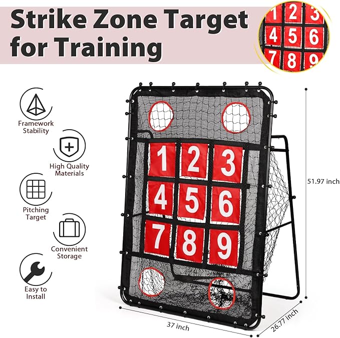 Pitching Net with Strike Zone, 9 Hole Baseball Pitching Target, Portable Softball Baseball Training Equipment with Carry Bag