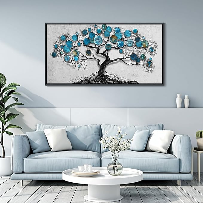 CHATYOUNG Living Room Wall Art - Tenacious Tree of Life Teal Blue Leaves Theme Large Paintings Canvas Framed Wall Picture for Office Bedroom Kitchen Office Home Decor 40"x20"
