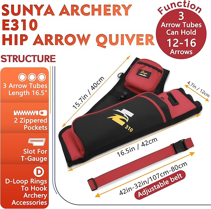 SUNYA Archery Hip Quiver for Arrows. Includes 3 Tubes Arrow Holder, Accessories Pockets and Waist Belt. Fit for Compound and Recurve Bow Practice.