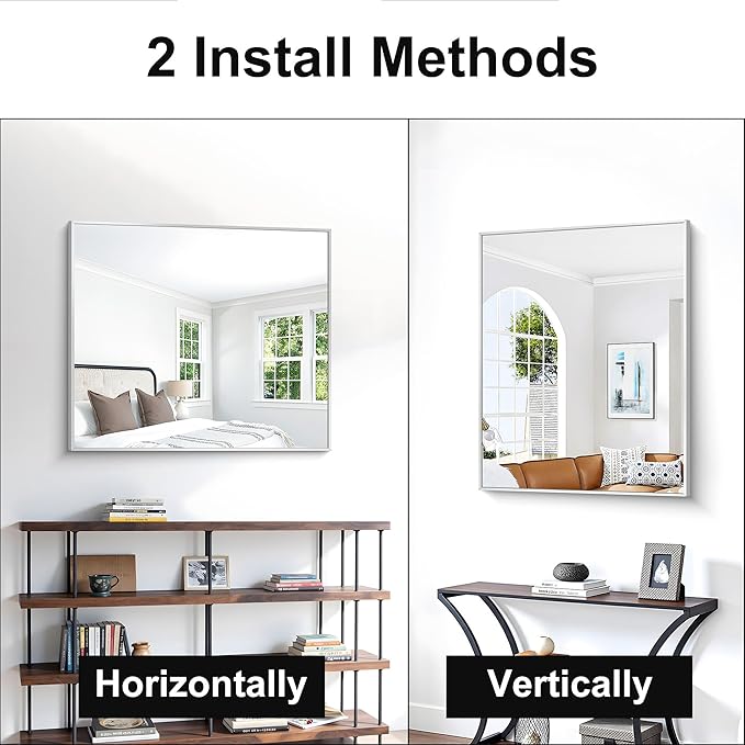 Silver Bathroom Mirror,30x36 inch Wall Mirror for Bathroom Wall Mounted,Rectangle Mirror for Bathroom Over Sink,Modern Metal Frame for Living Room,Bedroom Entryway,Horizontal/Vertical-FlexoryFit