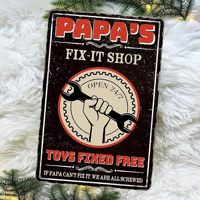 Papas Fix It Shop Metal Tin Signs for Garage Man Cave Decor Funny Papa Gifts - Vintage Tool Shop Papa's Workshop Signs, Father's Day Gifts Decorations 8x12 Inch-FlexoryFit