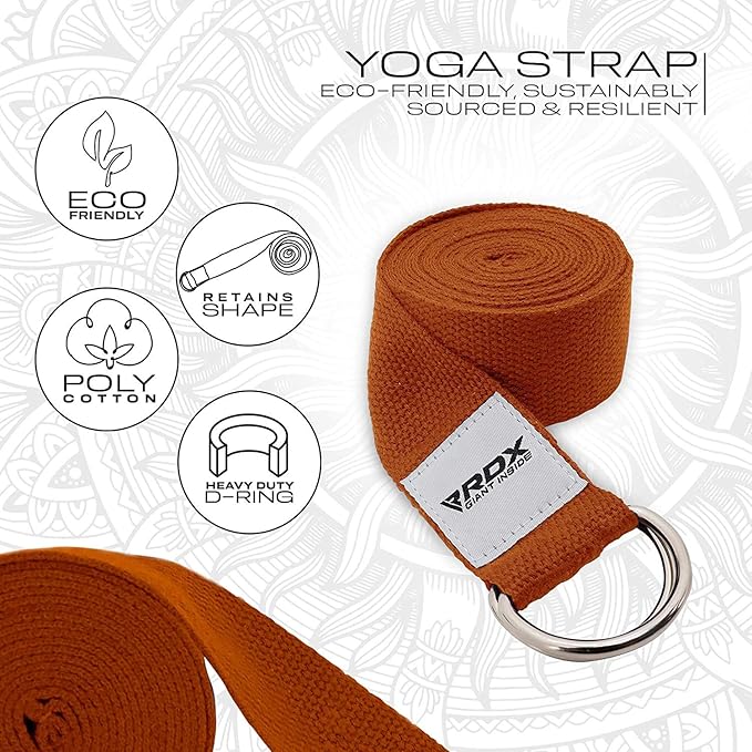 RDX 8ft Yoga Strap with D-Ring Buckle, Durable Polyester Cotton Adjustable Belts for Stretching Pilates Dance Gymnastics General Fitness Holding Poses Flexibility Physical Therapy, Home Gym Workout-FlexoryFit
