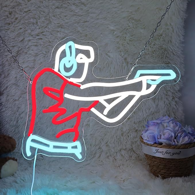 Man Shooting Neon Sign Gun Led Light Up Sign Game Player Gifts Dimmable Shooting Decor for Gun Club Decor Man Cave Game Room 15"×11.9"-FlexoryFit