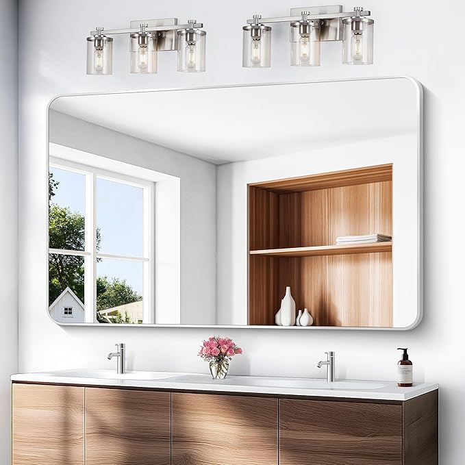 Silver Bathroom Mirror,60x40 inch Wall Mirror for Bathroom Wall Mounted,Rectangle Mirror for Bathroom Over Sink,Modern Frame Round Corner for Living Room,Bedroom Entryway,Horizontal/Vertical