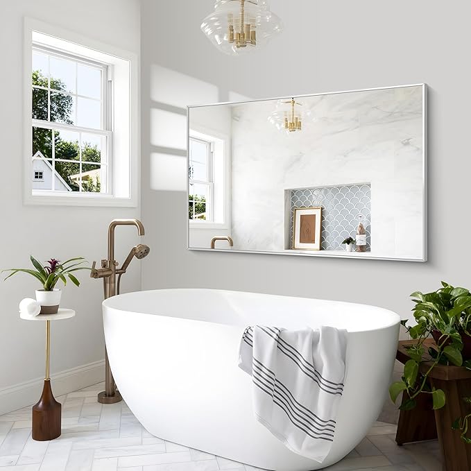 Silver Bathroom Mirror,55x36 inch Wall Mirror for Bathroom Wall Mounted,Large Rectangle Mirror for Bathroom Over Sink,Modern Metal Frame for Living Room,Bedroom Entryway,Horizontal/Vertical