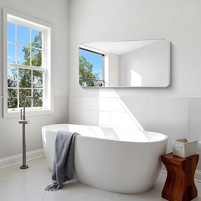 Silver Bathroom Mirror,24x48 inch Wall Mirror for Bathroom Wall Mounted,Rectangle Mirror for Bathroom Over Sink,Modern Frame Round Corner for Living Room,Bedroom Entryway,Horizontal/Vertical-FlexoryFit