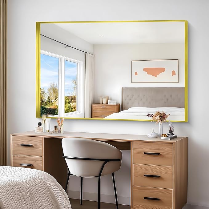 Gold Bathroom Mirror, 60x40 Inch Rectangular Framed Mirror, Large Wall Mounted Bathroom Vanity Mirror Over Sink for Bedroom,Restroom, Living Room, Hangs Vertically or Horizontally-FlexoryFit