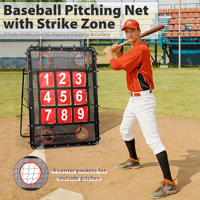 Pitching Net with Strike Zone, 9 Hole Baseball Pitching Target, Portable Softball Baseball Training Equipment with Carry Bag