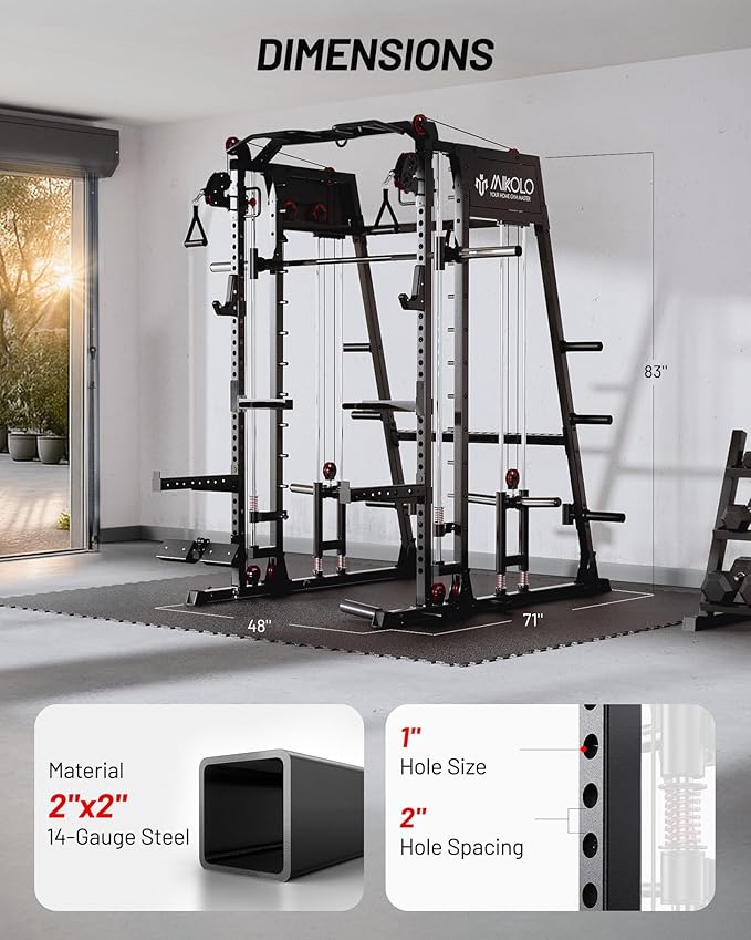Mikolo Smith Machine, 2200lbs Squat Rack with LAT-Pull Down System & Cable Crossover Machine, Training Equipment with Leg Hold-Down Attachment-FlexoryFit