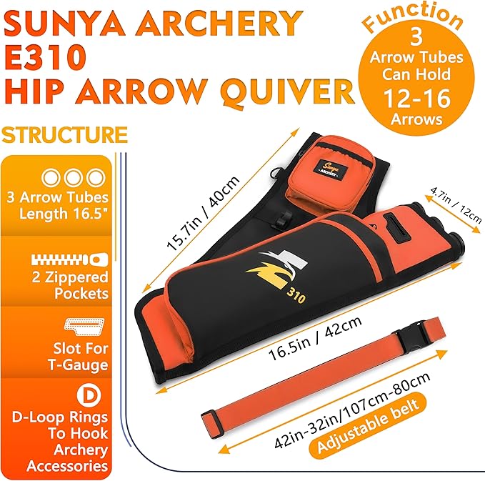 SUNYA Archery Hip Quiver for Arrows. Includes 3 Tubes Arrow Holder, Accessories Pockets and Waist Belt. Fit for Compound and Recurve Bow Practice.