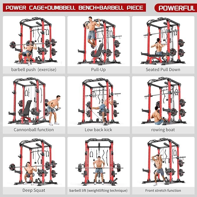 Power Cage,1600lbs Multi-Function Power Rack with Adjustable Cable Crossover System and More Training Attachment, Weight Cage for Home Gym-FlexoryFit
