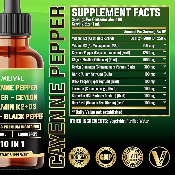 10in1 Cayenne Pepper Liquid Drops + Ginger, Ceylon Cinnamon, Vitamin D3, Vitamin K2, Garlic, Black Pepper and More - Digestion Support - 2 Fl Oz - 2 Months Supply-FlexoryFit