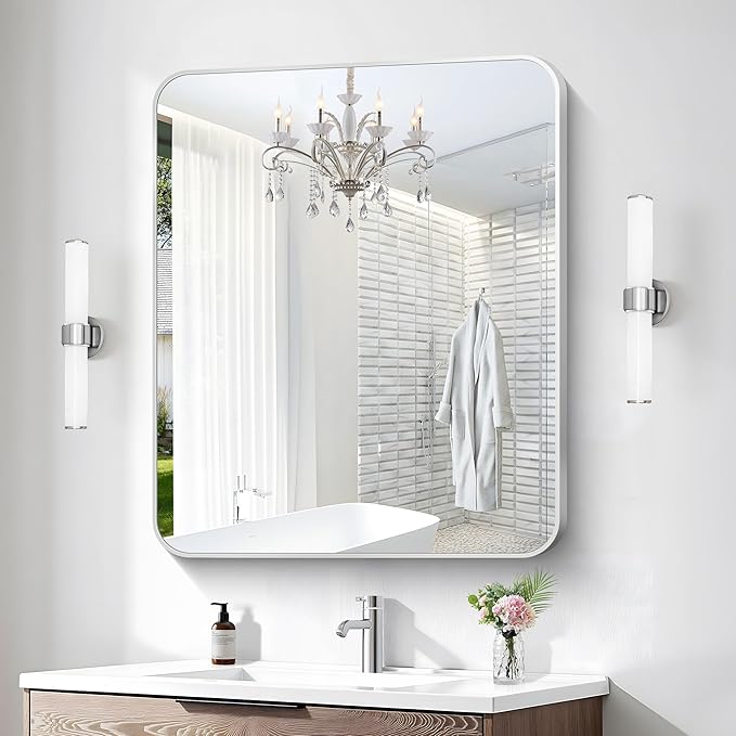Silver Bathroom Mirror,30x36 inch Wall Mirror for Bathroom Wall Mounted,Rectangle Mirror for Bathroom Over Sink,Modern Frame Round Corner for Living Room,Bedroom Entryway,Horizontal/Vertical
