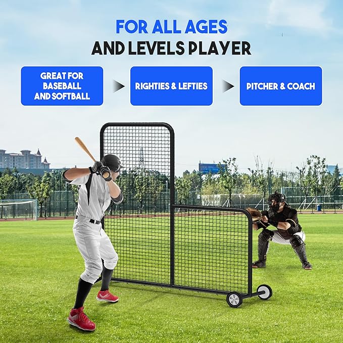 Yes4All Portable L-Screen Baseball 7x7ft with 2 Baseballs, Rubber Wheels - L Screen Baseball for Batting Cage, Protective Pitching Screen Net Double Layers, Carry Bag Included-FlexoryFit