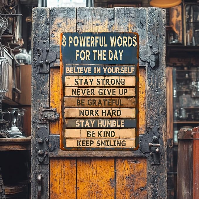 Motivational Metal Tin Sign - 8 Powerful Words for The Day Posters - Inspirational Wall Art Positive Quotes for Home Gym Office Classroom Decor Durable Rustic Wall Decor for Teens Adults 8x12 Inch-FlexoryFit