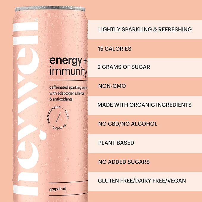 Heywell Sparkling Adaptogenic Water, Energy and Immunity, Grapefruit Flavor, 12 Fluid Ounce (Pack of 12) - Caffeinated, Organic, Non GMO, Vegan, Gluten Free, Dairy Free-FlexoryFit