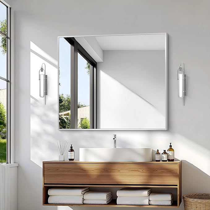 Silver Bathroom Mirror,30x36 inch Wall Mirror for Bathroom Wall Mounted,Rectangle Mirror for Bathroom Over Sink,Modern Metal Frame for Living Room,Bedroom Entryway,Horizontal/Vertical-FlexoryFit