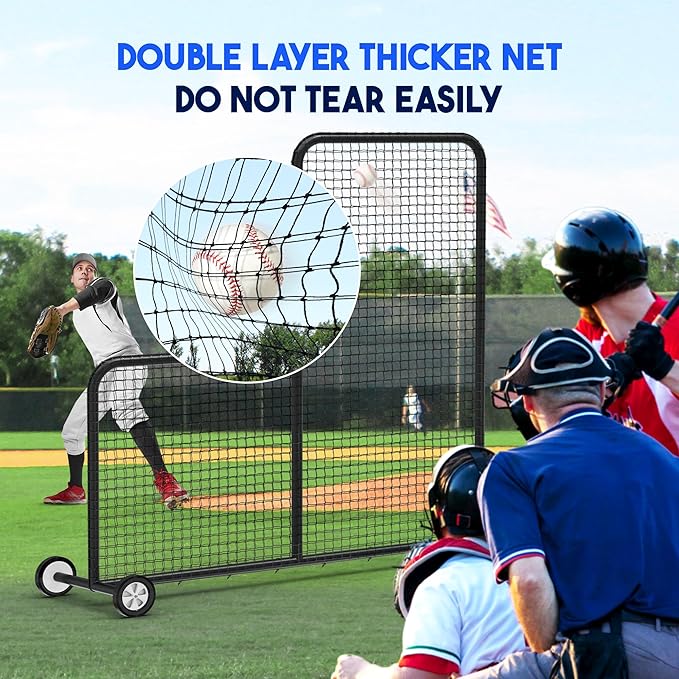 Yes4All Portable L-Screen Baseball 7x7ft with 2 Baseballs, Rubber Wheels - L Screen Baseball for Batting Cage, Protective Pitching Screen Net Double Layers, Carry Bag Included-FlexoryFit