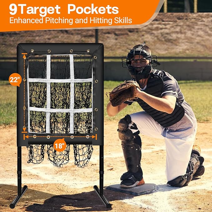 Pitching Net, 9 Hole Baseball Pitching Net with Strike Zone, Adjustable Softball Net for Batting Pitching Hitting, Portable Pitcher Trainer Baseball Hitting Target
