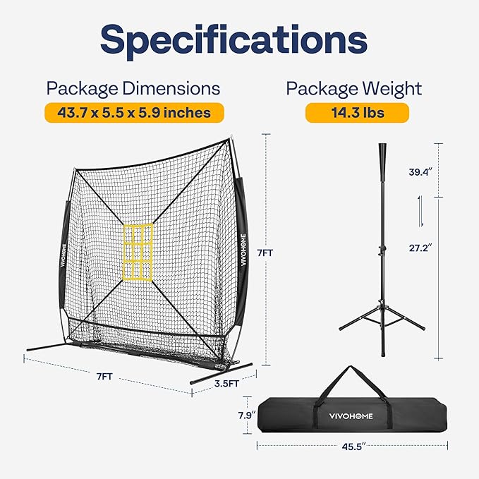 VIVOHOME Baseball Softball Hitting Net with Large Ball Collection System, 7 x 7 ft Baseball Batting Pitching Net with Tee, 2 Strike Zone, Carry Bag