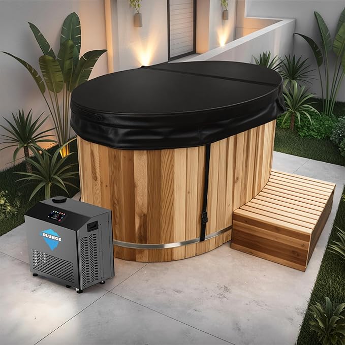 Premium 62-in. Cedar Wood Cold Plunge and Hot Tub with 1HP Chiller and Heater | Stainless Steel Tub with Wooden Step, Foldable Cover, Headrest, and WiFi App Control Chiller for Indoor/Outdoor Use