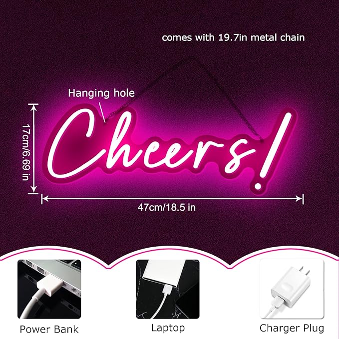 Pink Cheers Led Neon Sign USB Power Switch with Dimmable Led Cheers Sign for Wall Decor Cheer Light Up Sign Neon for Birthday Wedding Party Bar and Night Club 18.5 * 6.69in