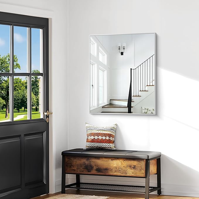 Silver Bathroom Mirror,30x36 inch Wall Mirror for Bathroom Wall Mounted,Rectangle Mirror for Bathroom Over Sink,Modern Metal Frame for Living Room,Bedroom Entryway,Horizontal/Vertical-FlexoryFit