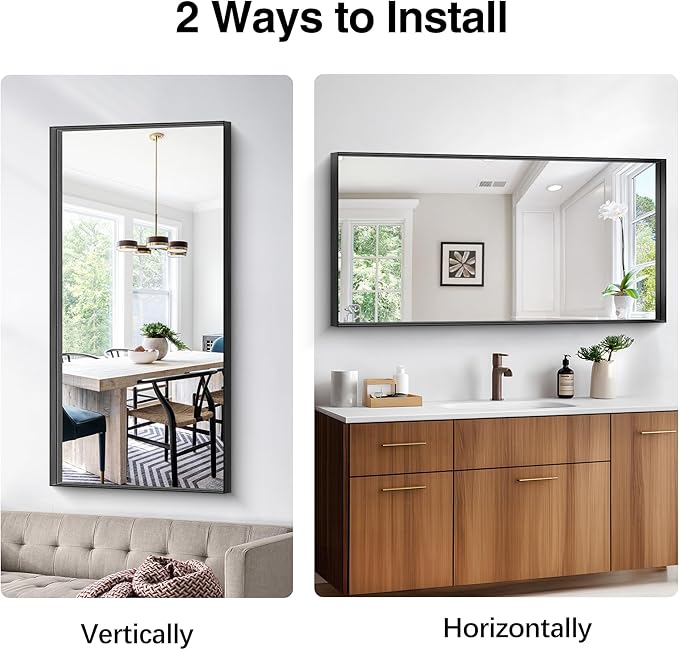 Black Bathroom Mirror, 24x48 Inch Rectangular Framed Mirror, Large Wall Mounted Bathroom Vanity Mirror Over Sink for Bedroom,Restroom, Living Room, Hangs Vertically or Horizontally-FlexoryFit