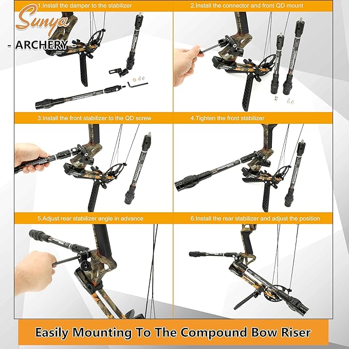 SUNYA Archery Bow Stabilizer for Compound Bow, Carbon Fiber Body Flexible Core, Damping System and Weights Kit, 8",10",12" 15" in Expedition Series