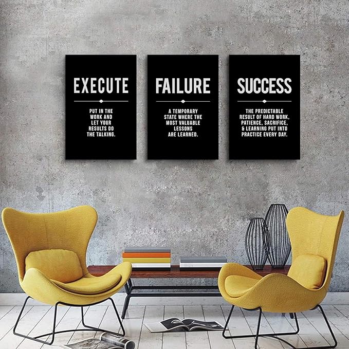 Framed Canvas Wall Art Success Quote, Office Wall Art, Black Large Poster, Positive Motivational Set of 3 Prints, Execute Failure Definition, Inspirational Print (A-3pcs,16x24inchx3pcs)-FlexoryFit