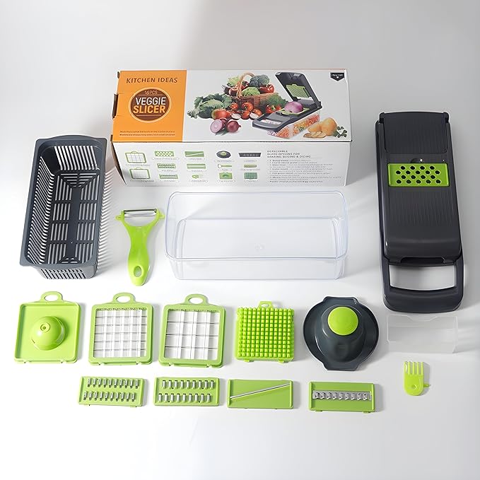 16-in-1 Vegetable Chopper & Slicer | Stainless Steel Mandoline Cutter with Onion Dicer, Grater, Spiralizer, Julienne Blades | Multifunctional & Manual Kitchen Tool I Lightweight & Easy To Use-FlexoryFit