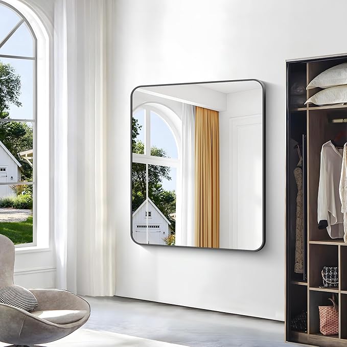 Black Bathroom Mirror,40x48 inch Wall Mirror for Bathroom Wall Mounted,Rectangle Mirror for Bathroom Over Sink,Modern Frame Round Corner for Living Room,Bedroom Entryway,Horizontal/Vertical-FlexoryFit