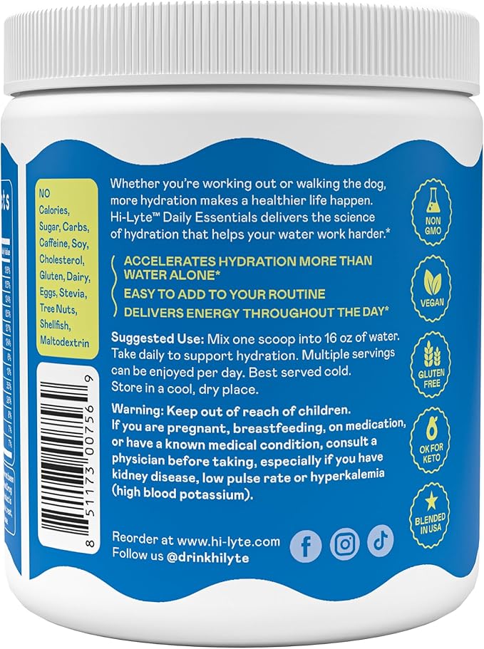 Hi-Lyte Daily Essentials - Electrolytes Powder Mix - Unflavored - Sodium, Potassium, Magnesium, Vitamins - Hydration Support for Daily Wellness, Fasting, Keto - No Sugar, No Carbs, Clean Ingredients-FlexoryFit